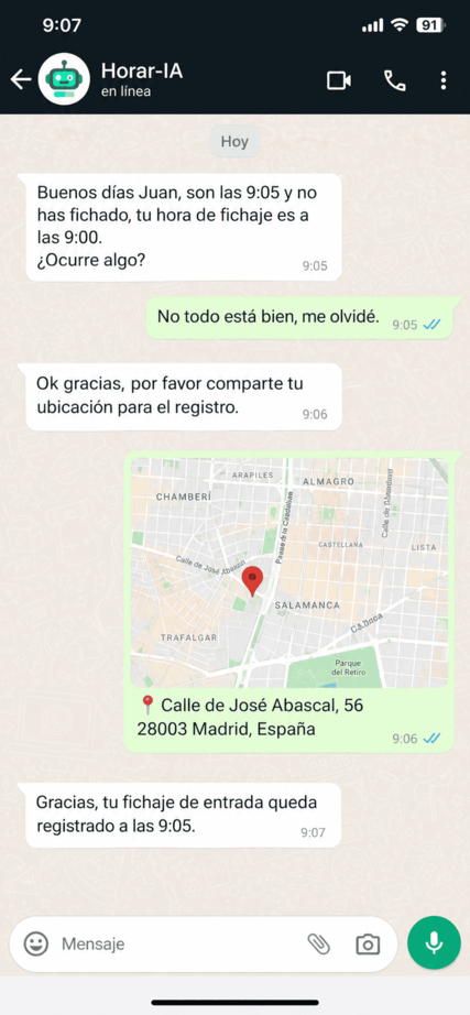 Conversación con Horar-IA detectando retraso de Juan a las 9:05
