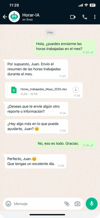 Horar-IA enviando a Juan el Excel con horas trabajadas en mayo 2025
