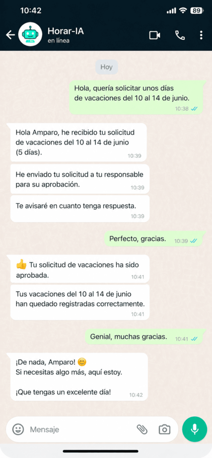 Solicitud de vacaciones de Amparo del 10 al 14 de junio aprobada por Horar-IA