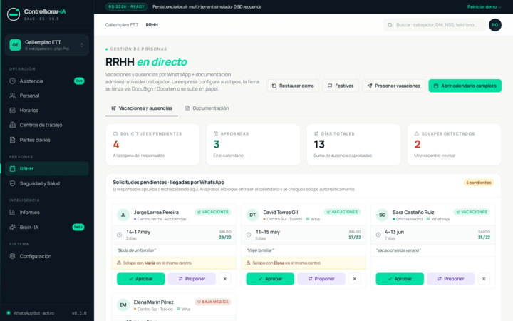 Captura del módulo RRHH con calendario anual y solicitudes pendientes